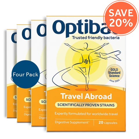Optibac Travel Abroad - probiotics expertly formulated for worldwide travel - front of pack - 4 pack