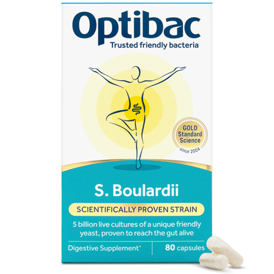 Optibac Probiotics pure Saccharomyces boulardii supplement - front of pack with capsules - 80 capsules