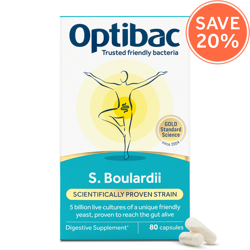 Optibac Probiotics pure Saccharomyces boulardii supplement - front of pack with capsules - 80 capsules