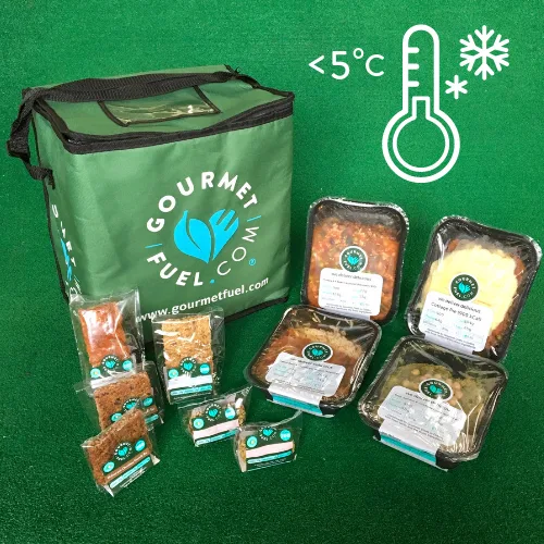 GourmetFuel meals packed in an insulated cooler bag kept below 5&deg;C