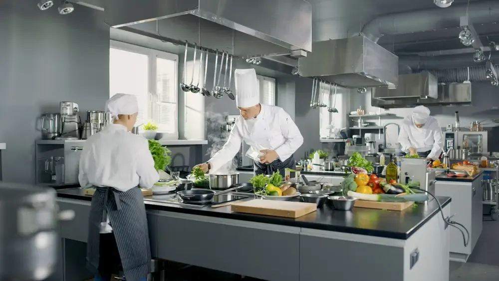 Chefs preparing meals in a commercial production kitchen