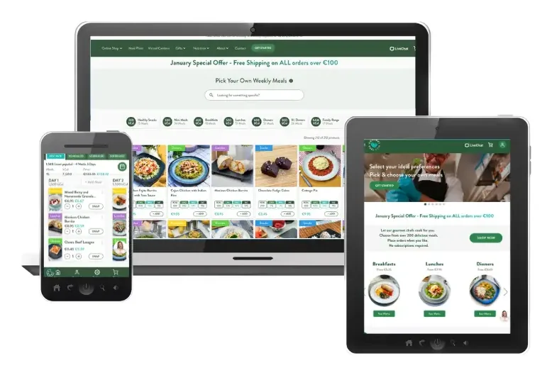 The GourmetFuel storefront, mobile app and FuelWizard meal plan builder