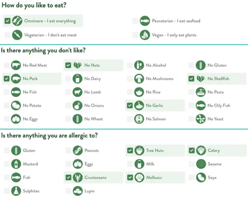 Choosing food preferences and allergies in the FuelWizard