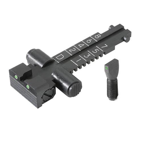 Tritium night sight front and rear sight set for the original Soviet AK47, Type 56, and AKS and variants. PolyTech Legend, Polytech AKS, Norinco, and other standard pattern AK 47 rifles. Graduations marked from 100M to 800M like the original tangent ak47 rear sight. Fully adjustable. Click-adjustable for both windage and elevation. Fitted with 0.076 green tritium inserts with Arctic White Outlines.