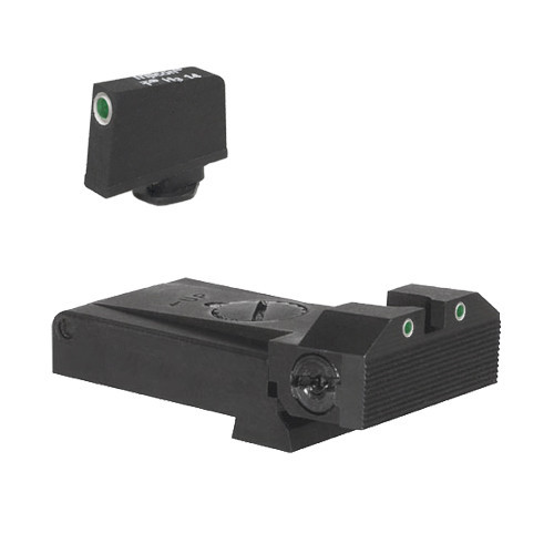 Fully adjustable tritium dot rear sight for Glock 17, 22, 24, 34, 35, 37, & 38, beveled blade w/ serrations .350" Tall Tritium Front