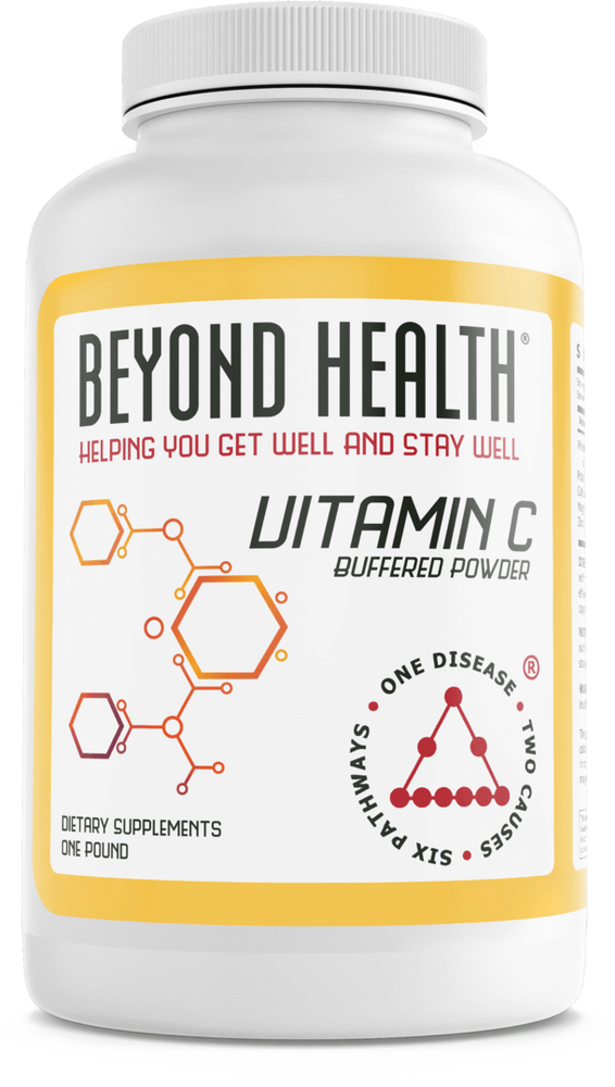 Front of Beyond Health's Vitamin C powder bottle, a powerful antioxidant supplement.