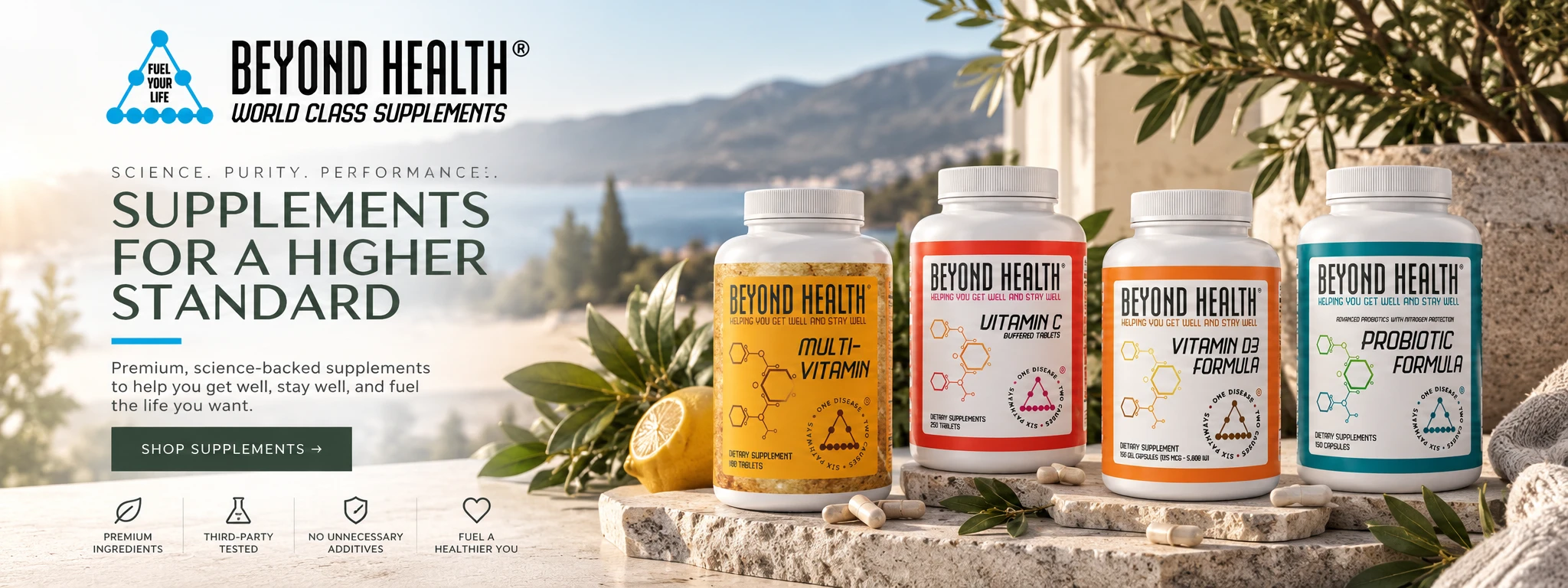 Couple overlooking a mountain lake representing healthy living with Beyond Health science-based nutritional supplements.