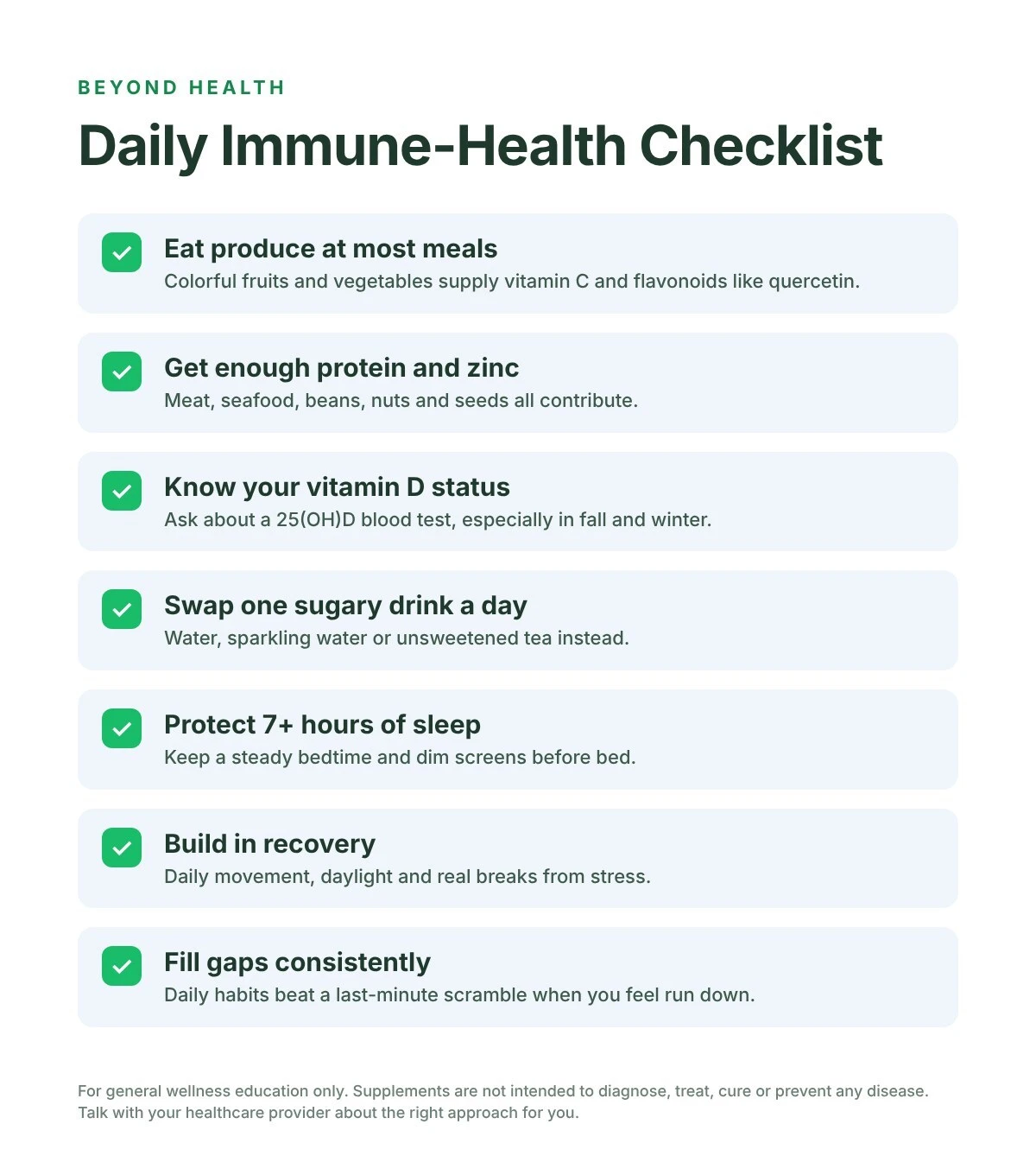 Daily immune-health checklist with seven habits: produce, protein and zinc, vitamin D status, fewer sugary drinks, 7+ hours of sleep, recovery and consistency