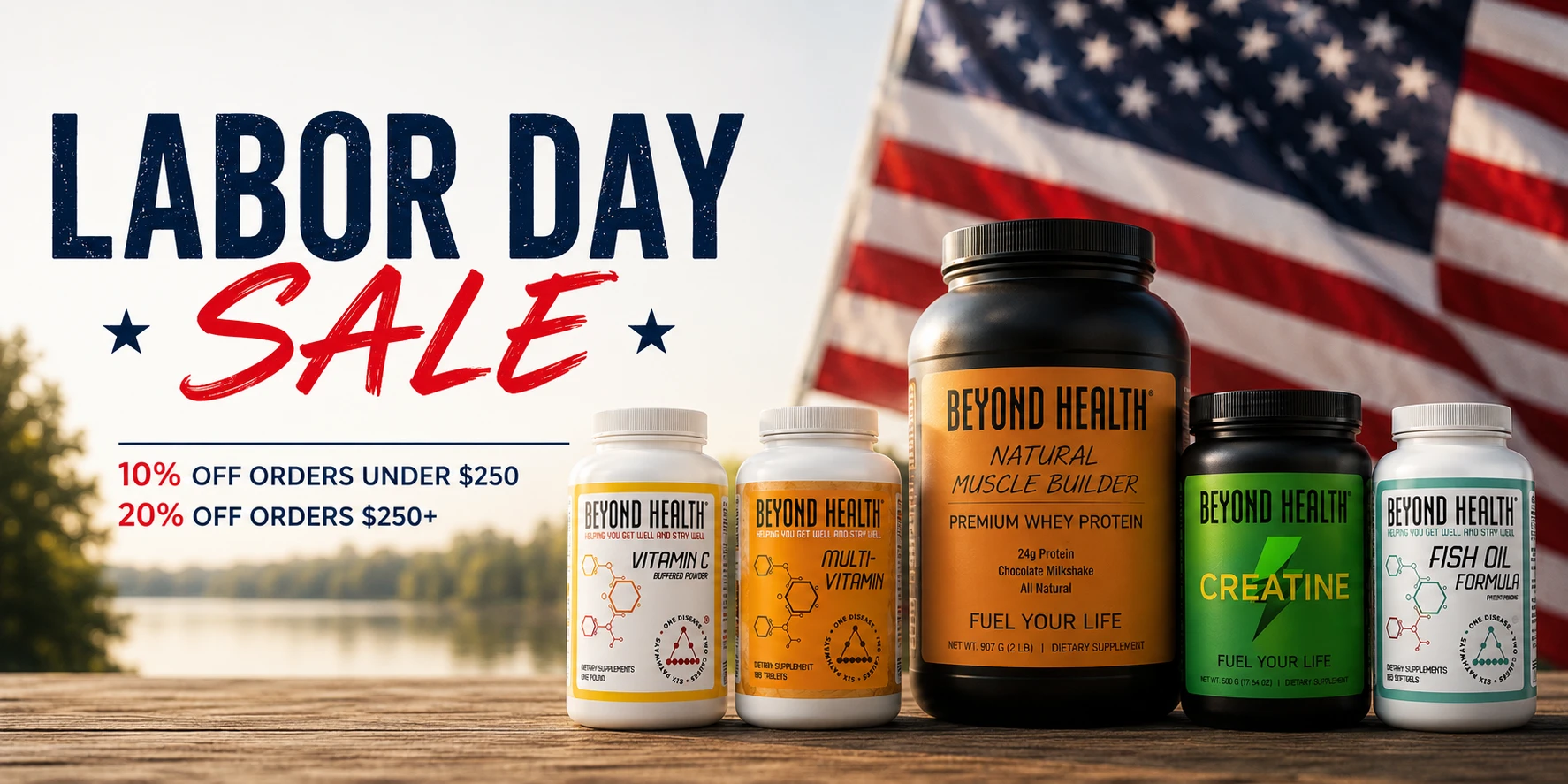 Couple overlooking a mountain lake representing healthy living with Beyond Health science-based nutritional supplements.