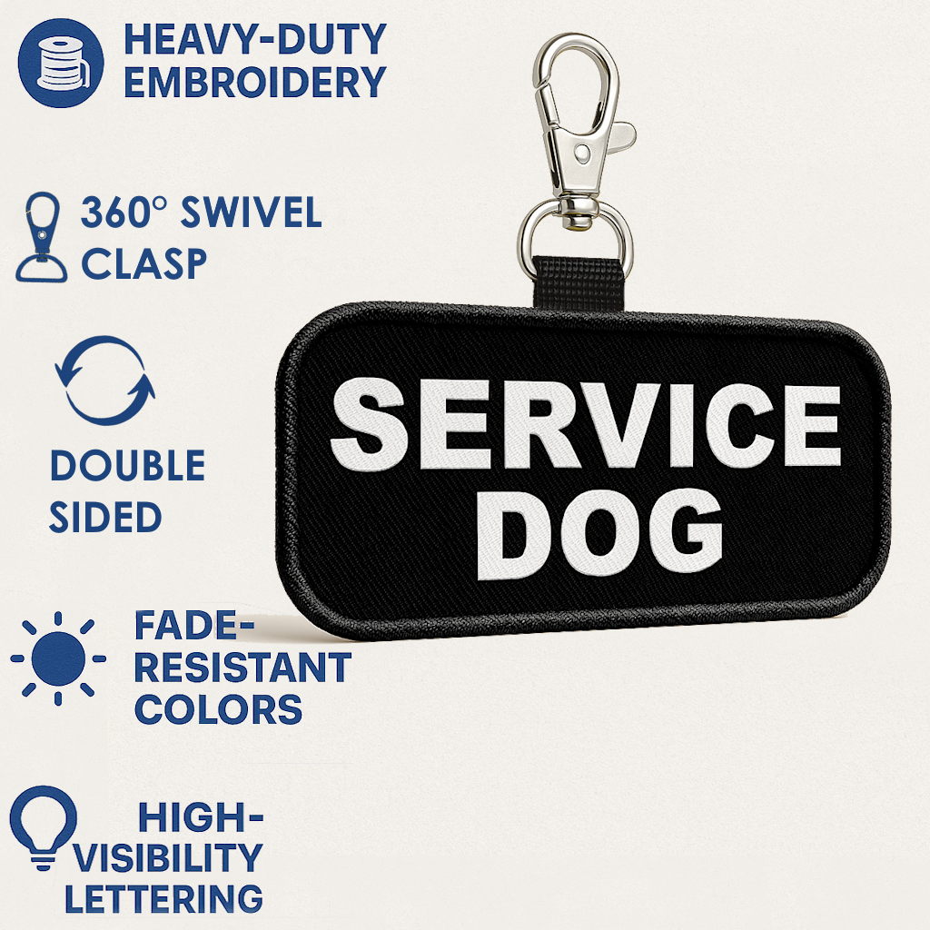 Service Dog Patch Tag – Bold Lettering – Clip On & Off – Double