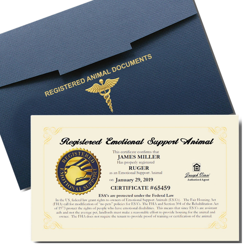 Registered Emotional Support Animal Certificate with ESA registration, duplicate copy, and document folder