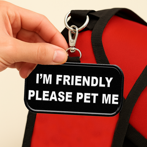 I'm Friendly Please Pet Me Patch Tag – Clip On – Bold Black & White Design