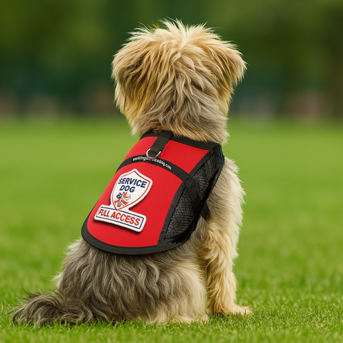 Small dog wearing red premium service-dog mesh vest with “Full Access” shield patch, rear view.