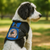 Emotional support dog wearing blue vest with shield-shaped ESA patch, side profile view