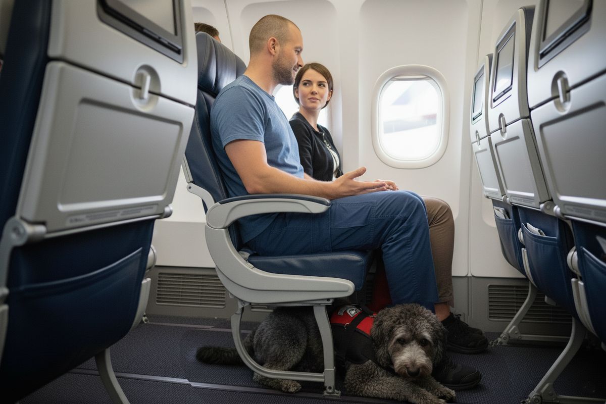 Handler seated with service dog lying calmly on plane