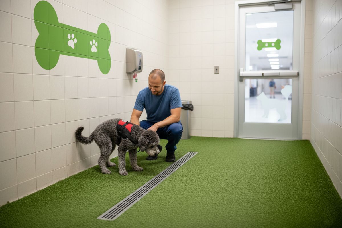 Service dog using designated airport relief station with handler