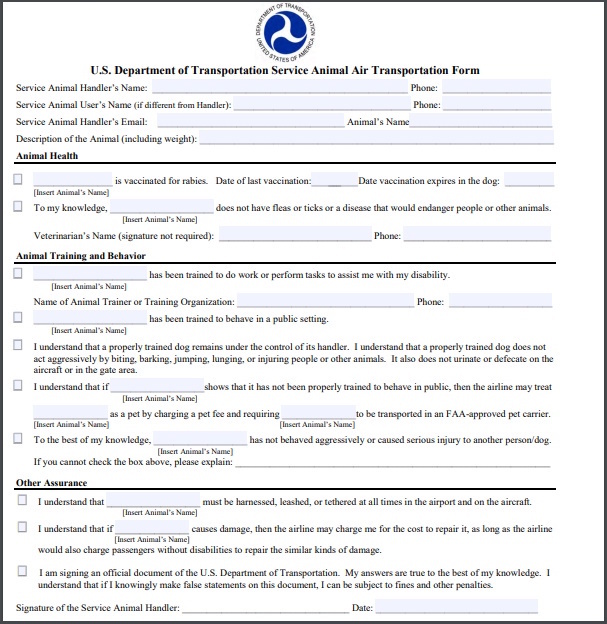 Completed U.S. Department of Transportation Service Animal Air Transportation Form example
