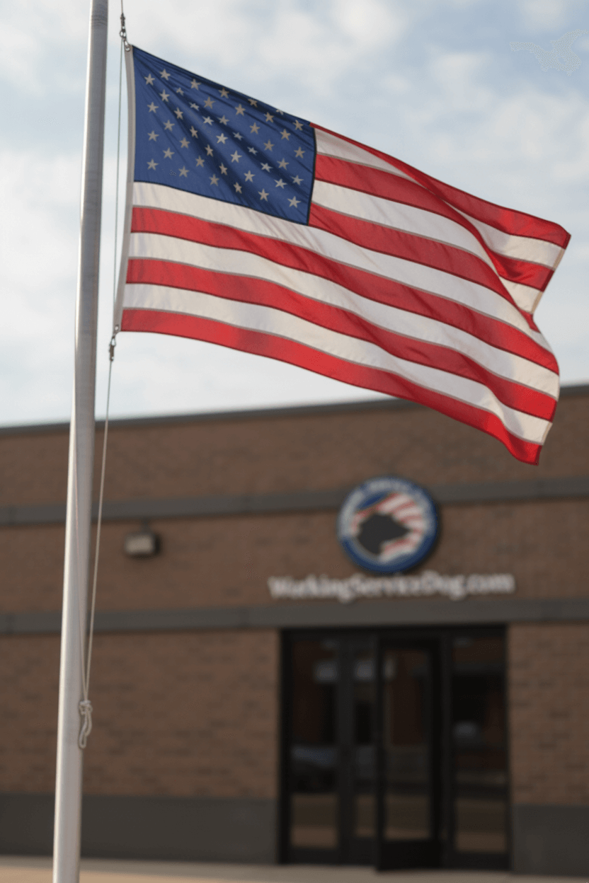 Front of Working Service Dog building with American flag