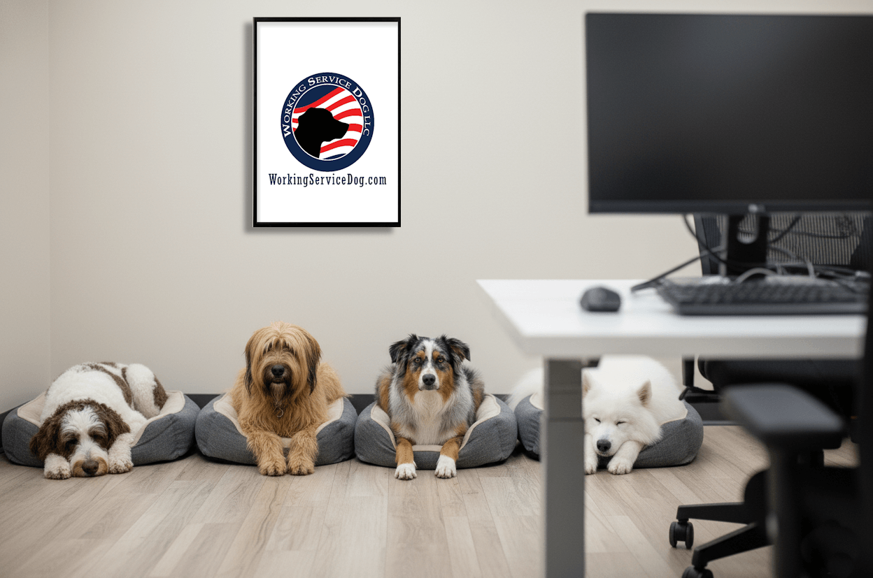 Dogs lined up in their beds inside an office at Working Service Dog