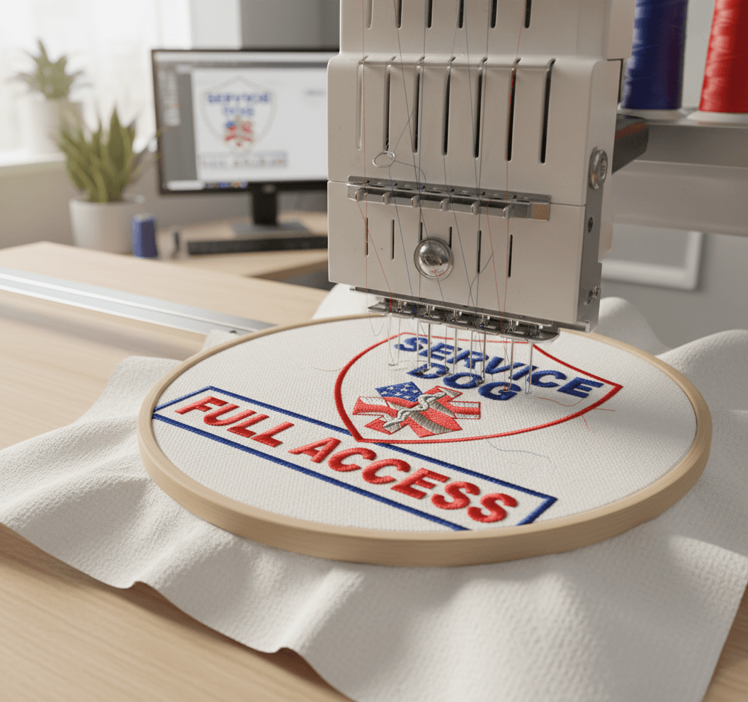 Embroidery machine stitching a Service Dog Full Access patch
