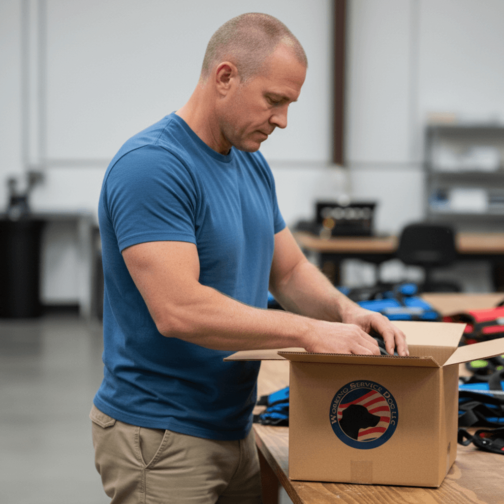 Employee carefully packing a completed service dog order into a box