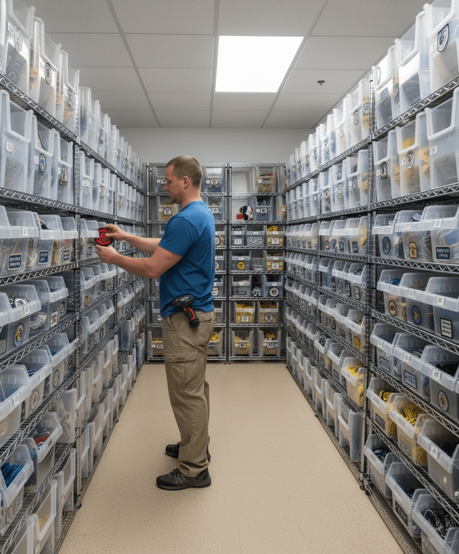 Employee selecting a service dog patch from organized bins