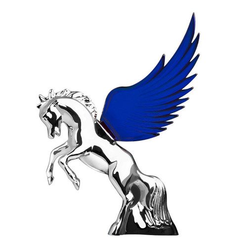 Flying Stallion Chrome w/ BLUE Windrider WINGS - Hood Ornament 