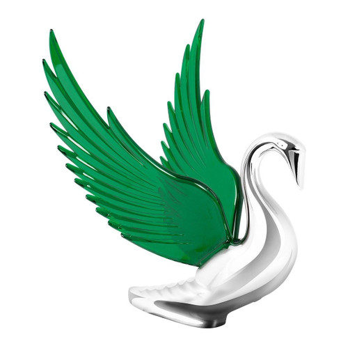 Swan Bugler Chrome with GREEN Windrider Wings - Hood Ornament 