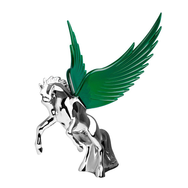 Flying Stallion Chrome w/ GREEN Windrider WINGS - Hood Ornament 