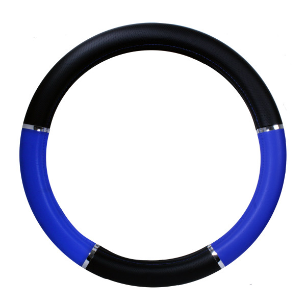 Steering Wheel Cover - Heavy Duty with Chrome Trim, Black and Blue, 18"