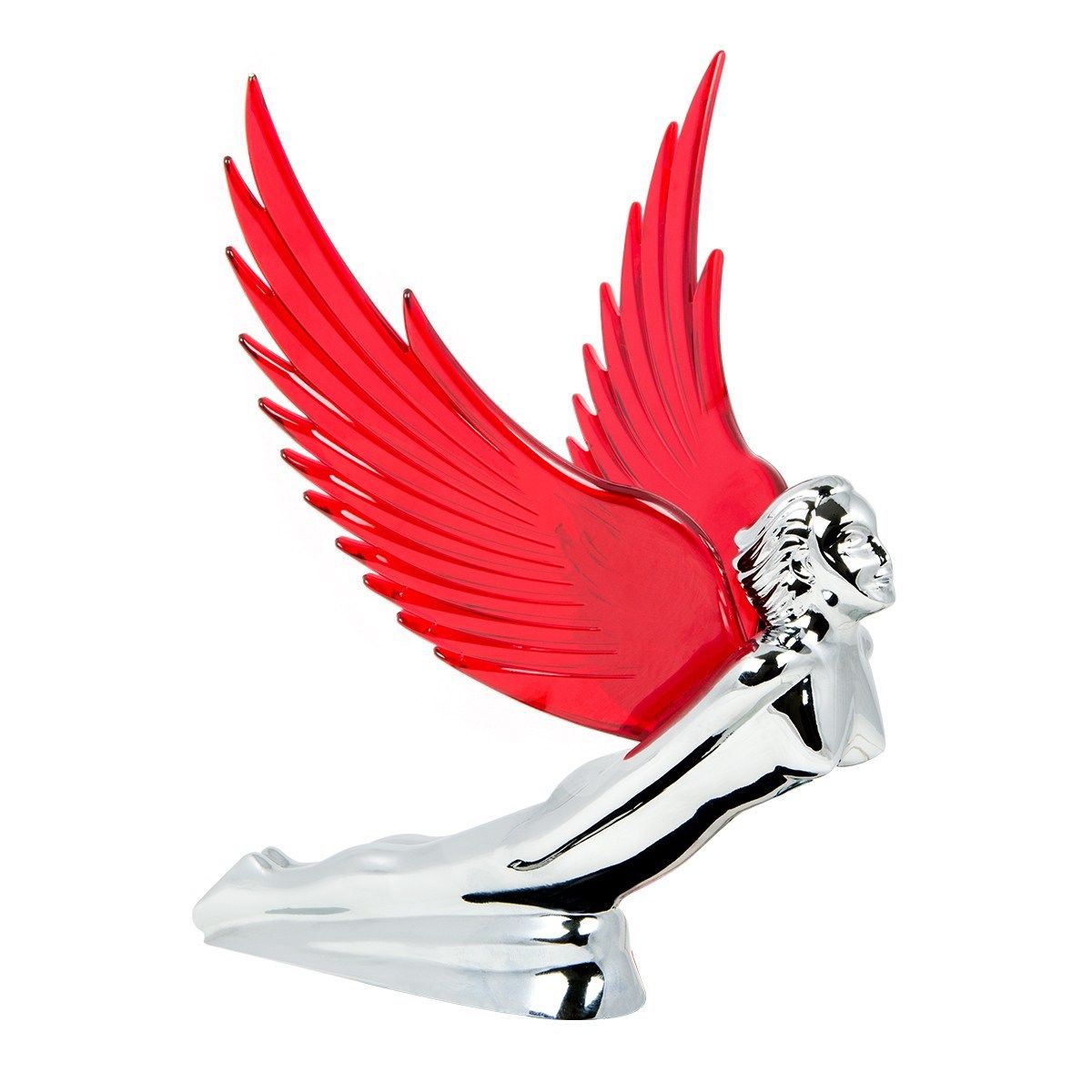 Flying Goddess Chrome with RED Windrider Wings - Hood Ornament