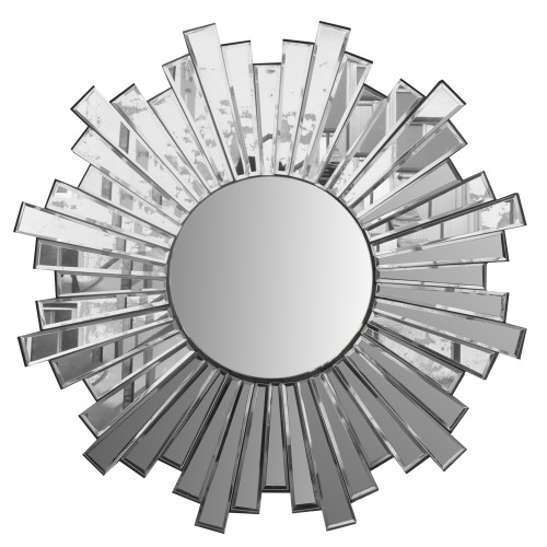 DunaWest 28 Inch Round Floating Wall Mirror with Sunburst Design Frame, Silver