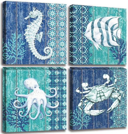 Ocean Life Theme Canvas Wall Art for Bathroom Decor Seahorse Octopus Crab Fish Underwater World Pictures Prints Navy Blue Painting Framed Artworks for Bedroom Decoration