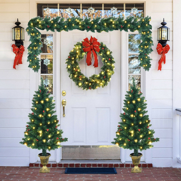 4 Pieces Christmas Decoration Set with Garland Wreath and Entrance Trees