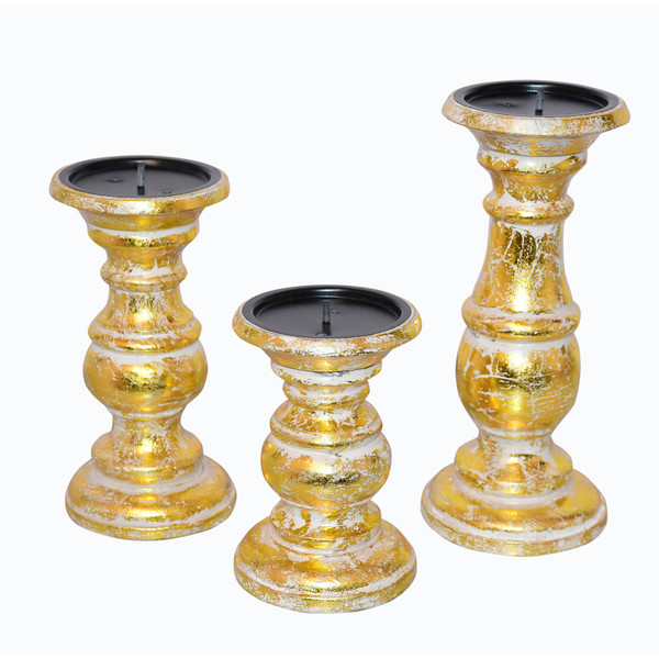 DunaWest Wooden Candleholder with Turned Pedestal Base, Set of 3, Distressed Gold
