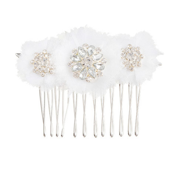 David Tutera Bridal Hair Comb Silver Rhinestone Flower Tri-Cluster With Netting