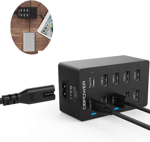 DBPOWER Compact USB Type-C Charger, 60W 10-Port Portable Wall Charger with 2-Port Type-C and 8-Port USB Hub Support Max 12A Output for MacBook, iPhone,Ipad, Power Bank and Android Phones