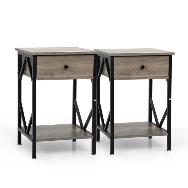Set of 2 Nightstand Industrial End Table with Drawer, Storage Shelf and Metal Frame for Living Room, Bedroom, XH