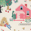 1950s Vintage Wallpaper Pink Cottage Farm Scene