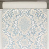 1970s Vintage Wallpaper Blue Damask Flock on White