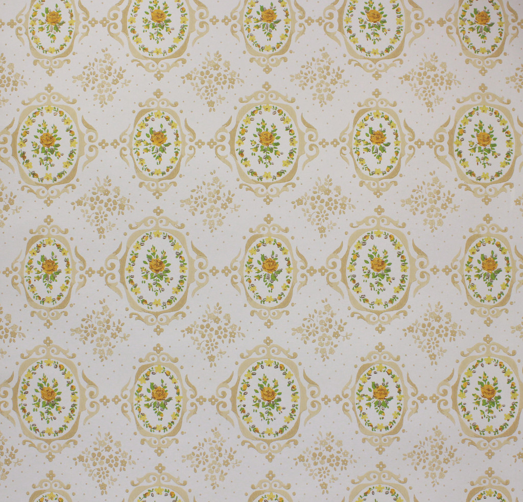 1970s Vintage Wallpaper Yellow Rose Cameo
