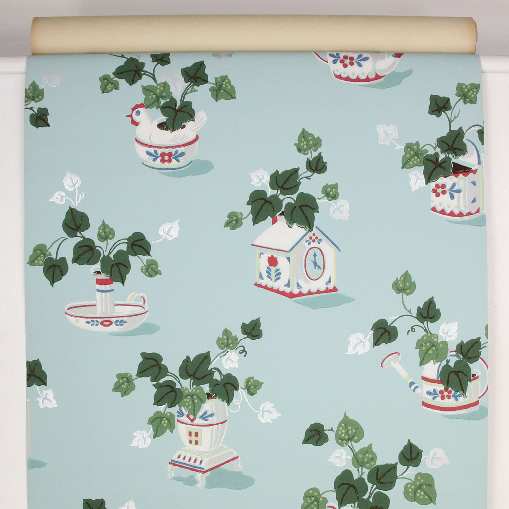 1940s Vintage Wallpaper Ivy with Red Blue Kitchen Theme