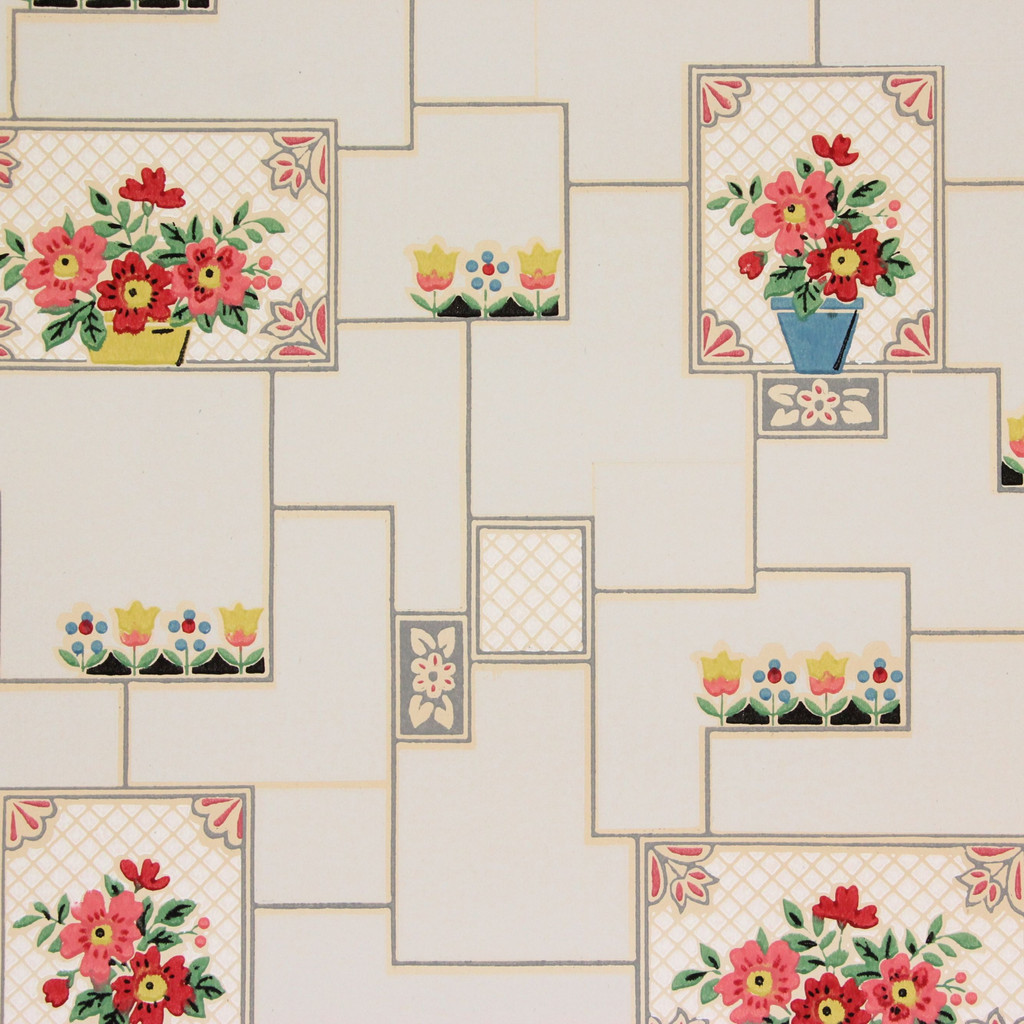 1930s Vintage Wallpaper Flower Pots on Pale Blue Tiles
