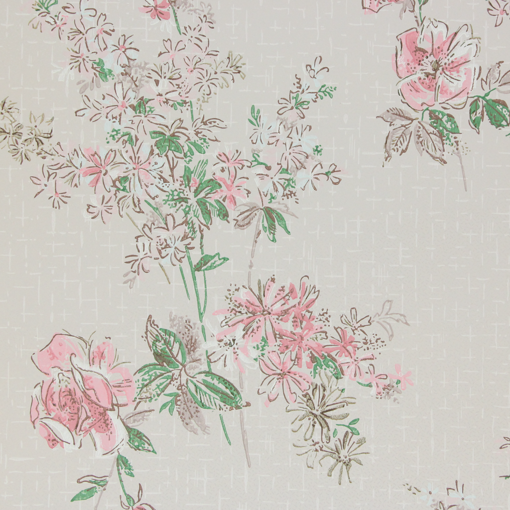 1960s Vintage Wallpaper Pink Flowers on Beige