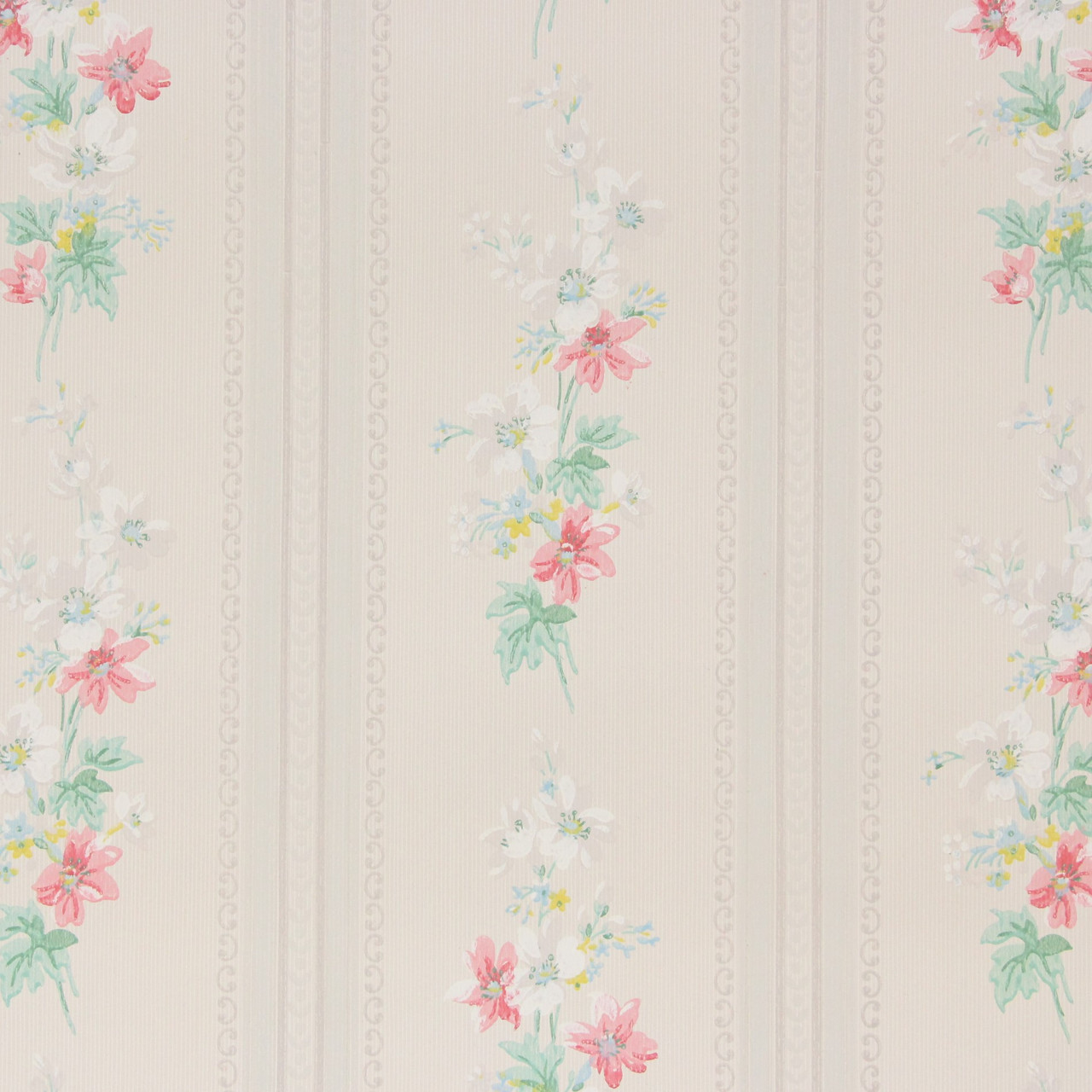 1940s Vintage Wallpaper Pink and White Floral on White Stripe - Rosie's  Vintage Wallpaper
