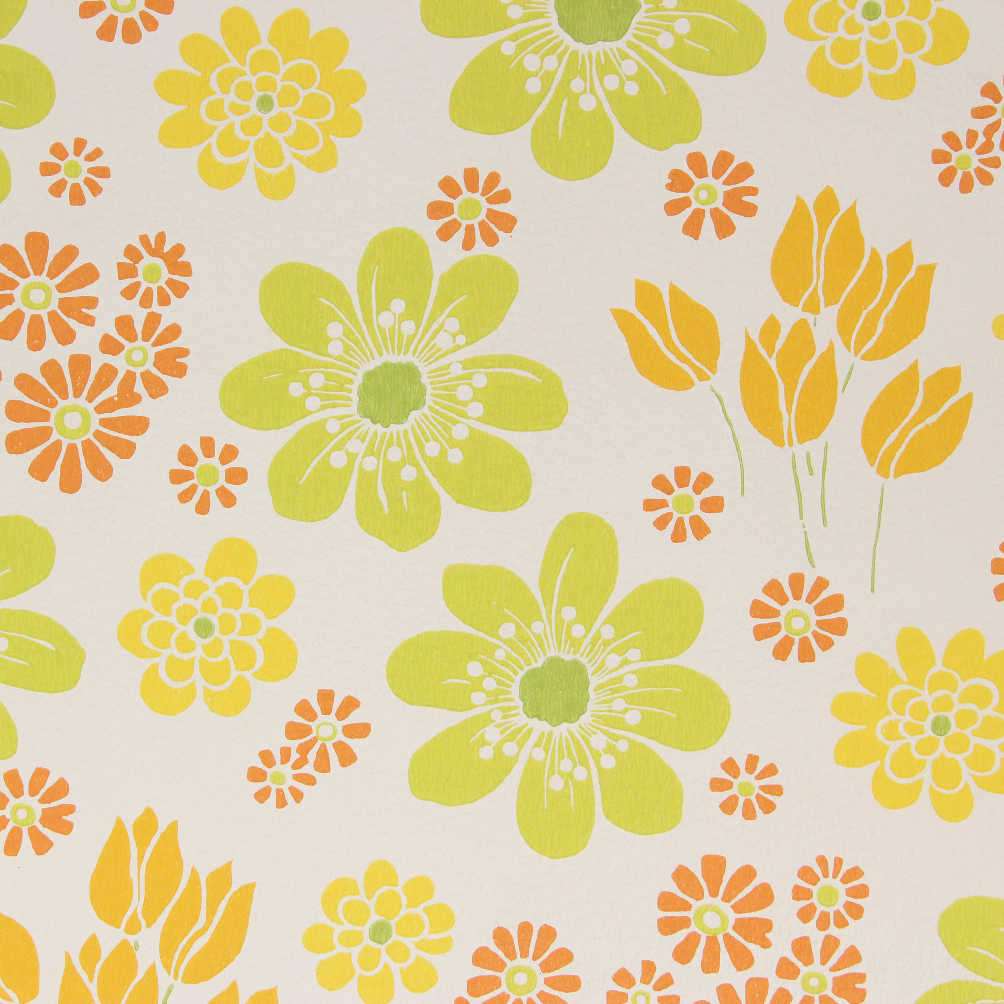 1960s Vintage Wallpaper Retro Green Orange Yellow Flowers Green Center -  Rosie's Vintage Wallpaper