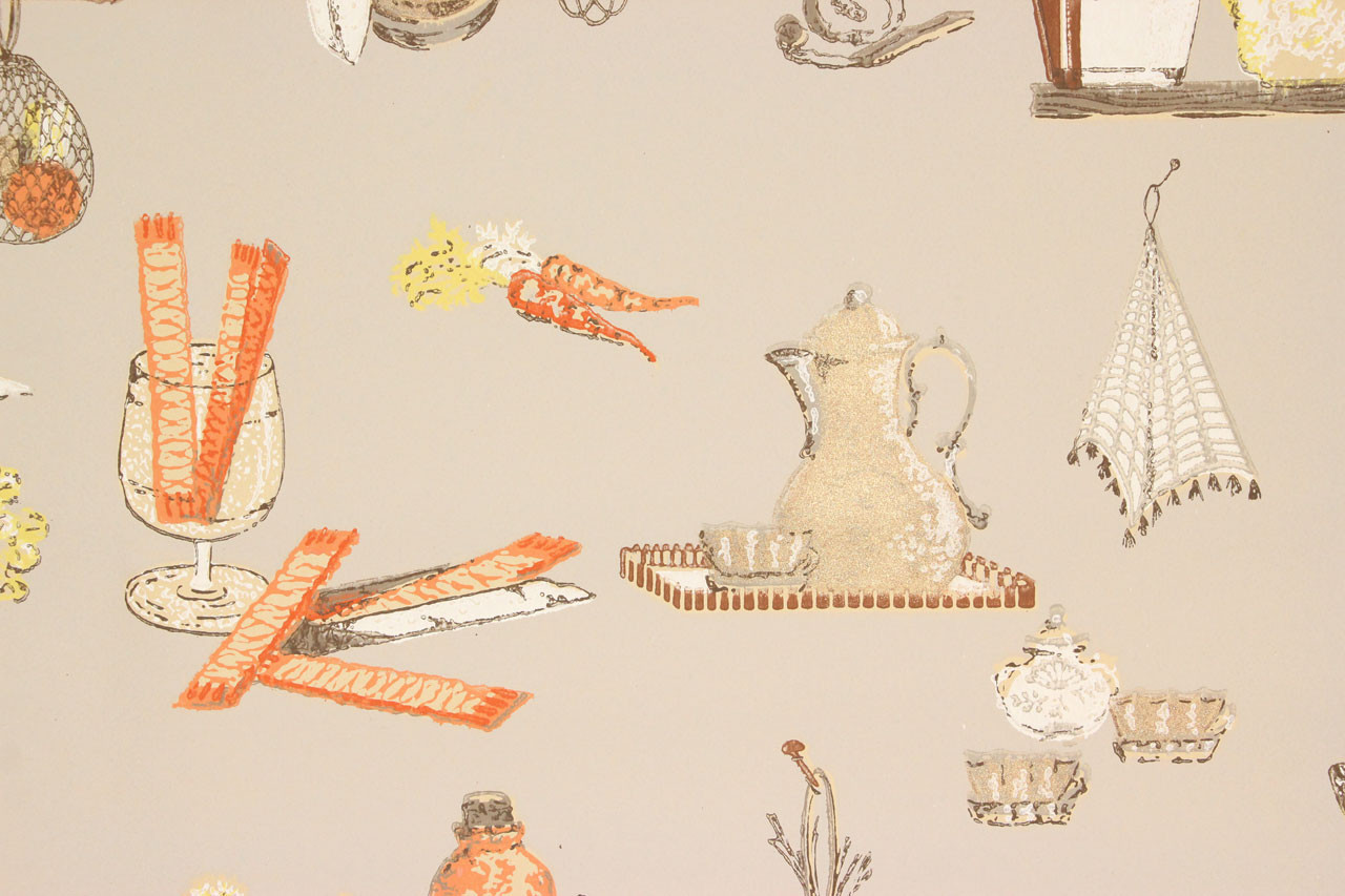 1930s Vintage Wallpaper Orange And Yellow Kitchen On Beige