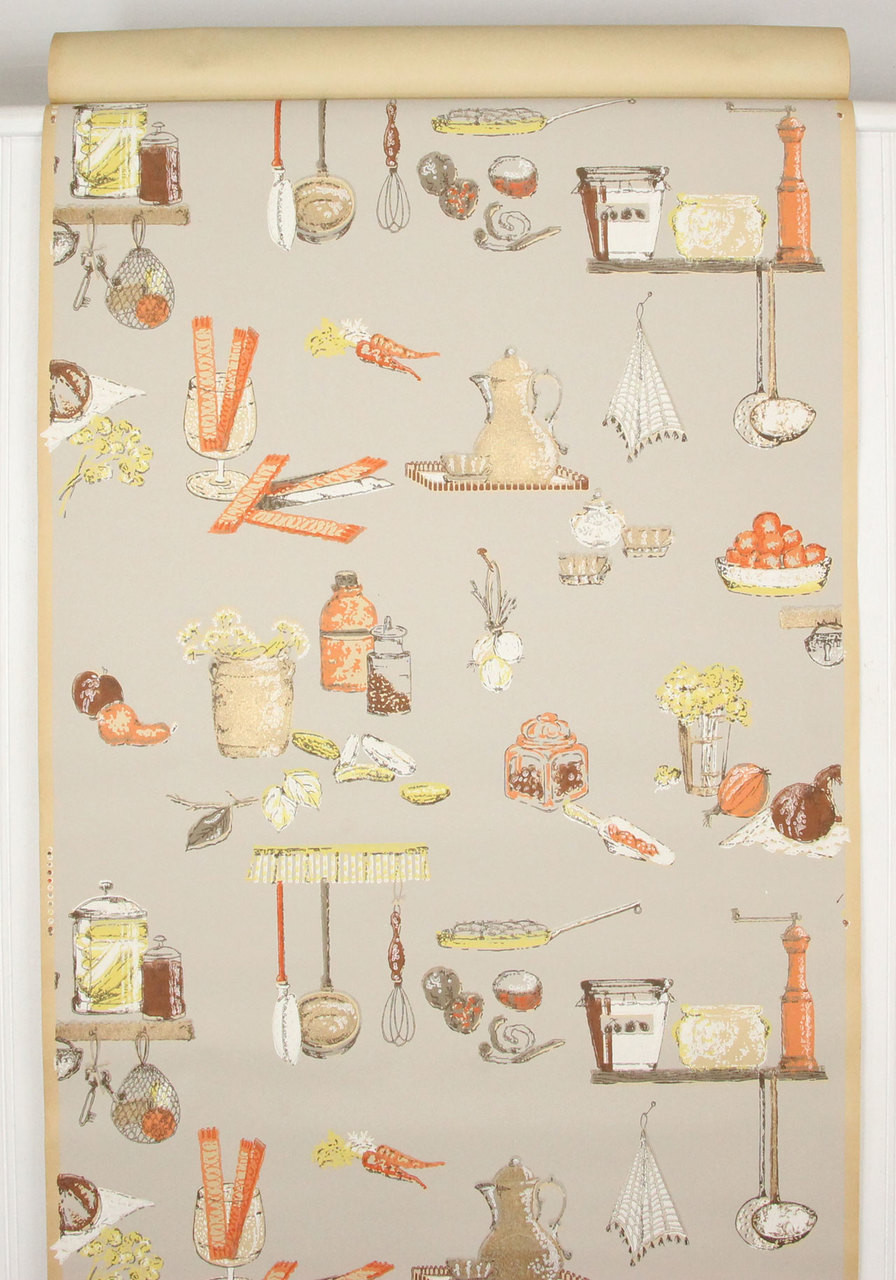 1930s Vintage Wallpaper Orange And Yellow Kitchen On Beige