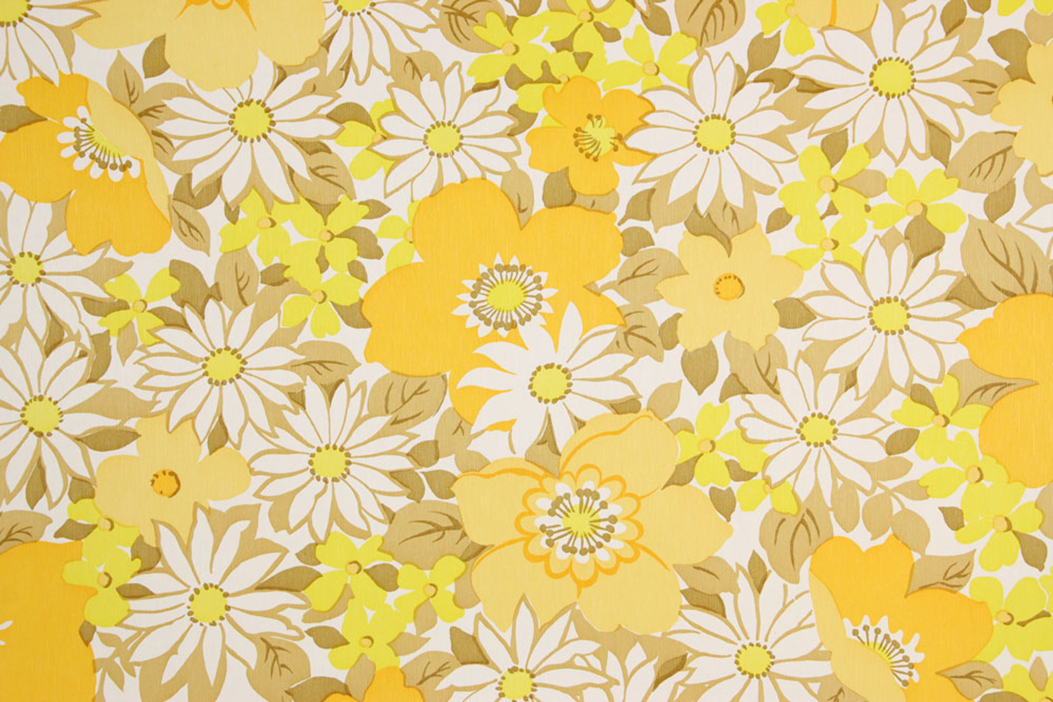 1970s Vintage Wallpaper Retro Yellow and White Flowers - Rosie's