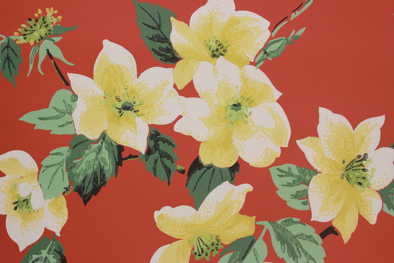 1950s Vintage Wallpaper Yellow Flowers On Dark Orange Rosie S